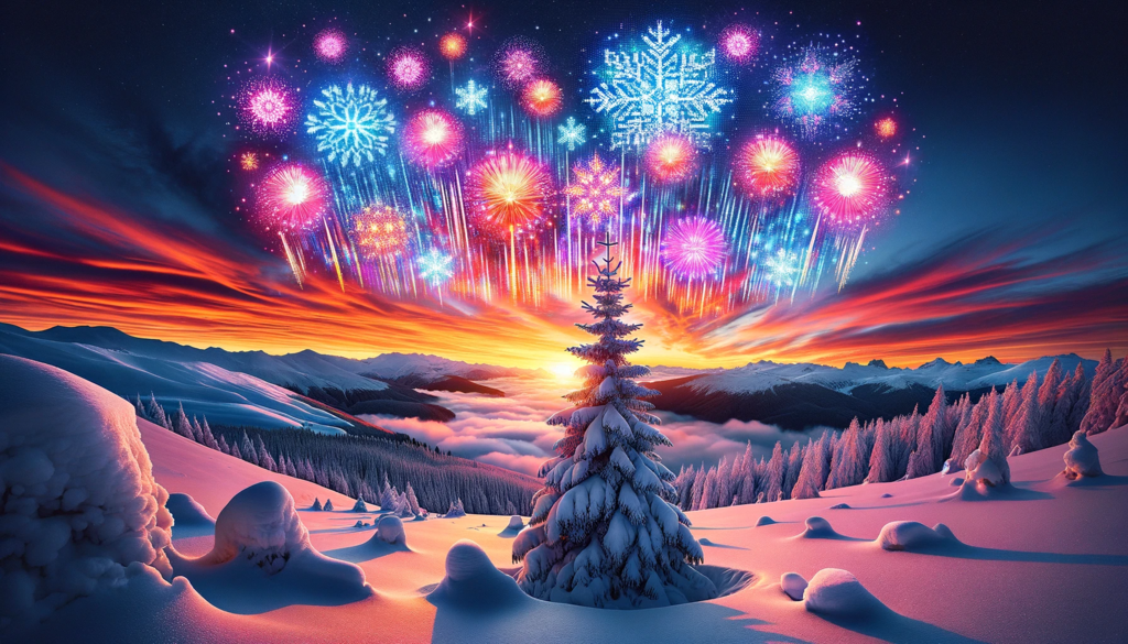 Winterlandschaft mit stilisiertem buntem Schneeflocken-Feuerwerk
